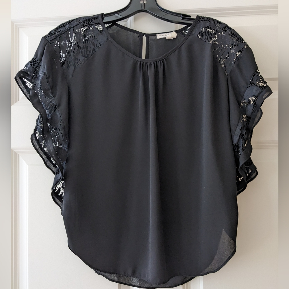 Anthropologie Meadow Rue top black lace sheer rounded hemline size small…